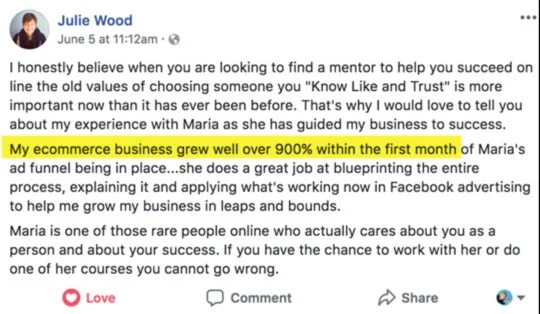 Facebook post from Julie Wood describing her ecommerce business growing over 900% in the first month with Maria's ad funnel
