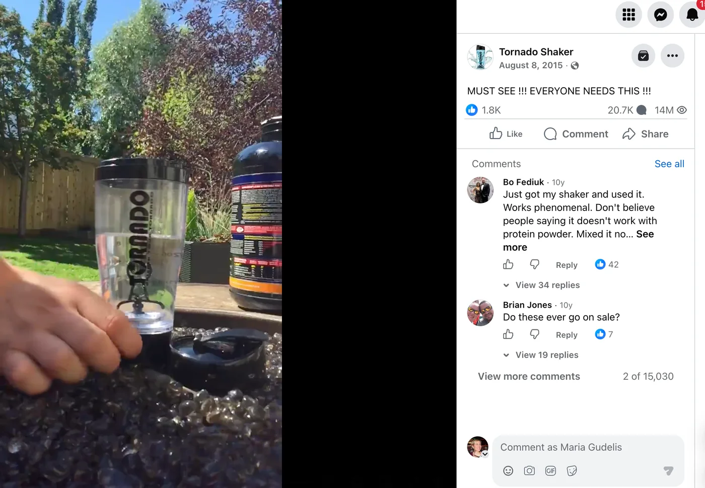 Facebook post for Tornado Shaker showing 14M views